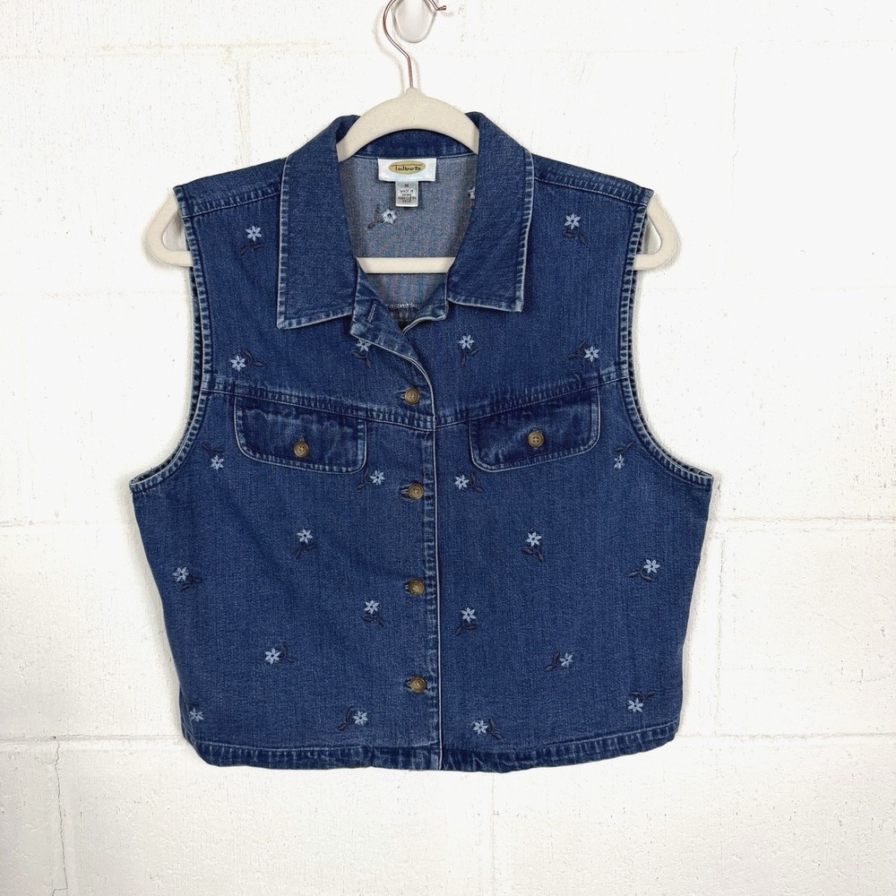 VTG Talbots Button Up Denim Vest Top Size M Embroidered Floral Cowgirl Preppy